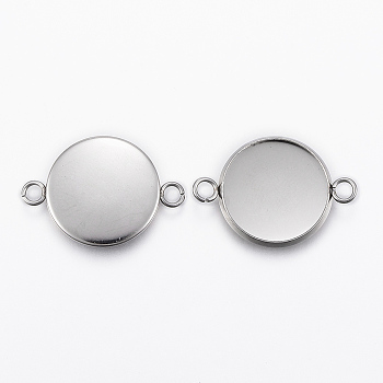304 Stainless Steel Cabochon Connector Settings, Plain Edge Bezel Cups, Flat Round, Stainless Steel Color, Tray: 16mm, 25.5x18x2mm, Hole: 2.2mm