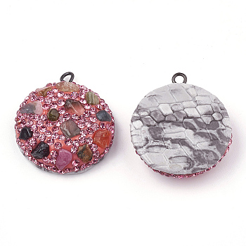 Polymer Clay Rhinestone Pendants, with Gemstone Chip and PU Leather, Half Round, Colorful, 26x23x8mm, Hole: 1.5mm