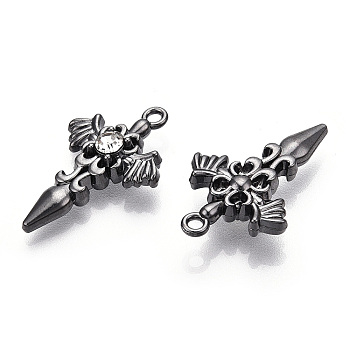 Alloy with Rhinestone Pendants, Lead Free & Nickel Free & Cadmium Free, Sword, Gunmetal, 28x18x6mm, Hole: 1.8mm