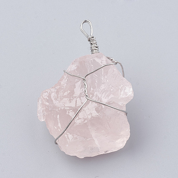 Natural Rose Quartz Pendants, with Brass Findings, Nuggets, Platinum, 45~50x25~40x14~25mm, Hole: 3~5mm