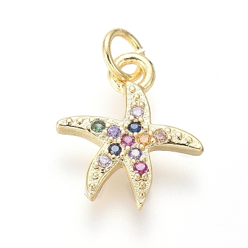 Brass Micro Pave Cubic Zirconia Charms, with Jump Rings, Starfish/Sea Stars Shape, Colorful, Golden, 12x10x1.5mm, Hole: 2.5mm