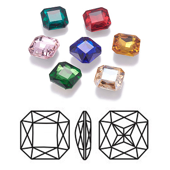 Pointed Back Glass Rhinestone Cabochons, Faceted, Back Plated, Square, Mixed Color, 18x18x6mm