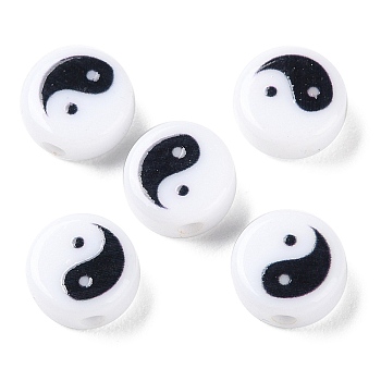 Printed Opaque Acrylic Beads, Flat Round with Yinyang Pattern, Black, 8x4mm, Hole: 1.6mm