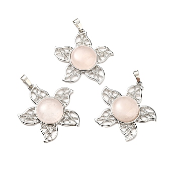 Natural Rose Quartz Pendants, Flower Charms, with Rack Plating Platinum Tone Brass Findings, Cadmium Free & Lead Free, 38x37x7~7.5mm, Hole: 8x5mm