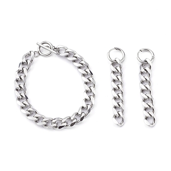 304 Stainless Steel Curb Chains Bracelets & Dangle Huggie Hoop Earrings Sets, with Toggle Clasps, Stainless Steel Color, 7-5/8 inch(19.4cm), 2.56 inch(65mm), Pin: 1mm