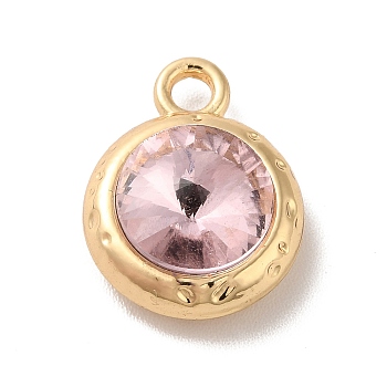 Glass Pendants, Rack Plating Golden Alloy Findings, Nickel Free, Flat Round Charms, Pink, 15x11.5x6mm, Hole: 2mm