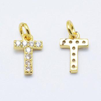 Brass Micro Pave Grade AAA Cubic Zirconia Charms, Letter T, Cadmium Free & Nickel Free & Lead Free, Real 18K Gold Plated, 9x6x1.5mm, Hole: 2mm