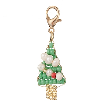 Glass Seed Beaded Pendant Decorations, with Natural Cultured Freshwater Pearl Beads and Alloy Lobster Claw Clasps, Christmas Tree, Sea Green, 39mm