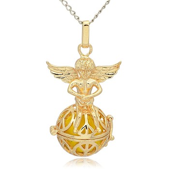 Golden Tone Brass Hollow Round Cage Pendants, with No Hole Spray Painted Brass Round Ball Beads, Round with Angel, Gold, 43x28x20mm, Hole: 3x8mm