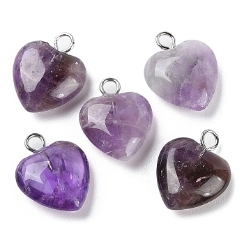 Natural Amethyst Pendants, Heart Charms with Platinum Plated Brass Loops, 14.8~15x12x4.1~4.6mm, Hole: 2mm
