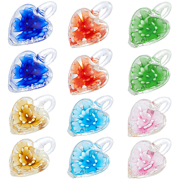 12Pcs 6 Colors  Glass Pendants, Heart with Flower Charms, Mixed Color, 27x21x11mm, Hole: 5.5x5.9mm, 2pcs/color