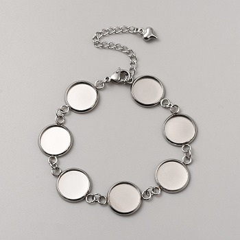 Flat Round Stainless Steel Link Chain Bracelet Making, Blank Cabochon Bracelet Base Bracelet Making, with Lobster Claw Clasp, Stainless Steel Color, 6-3/4 inch(17.2cm), Tray: 12mm
