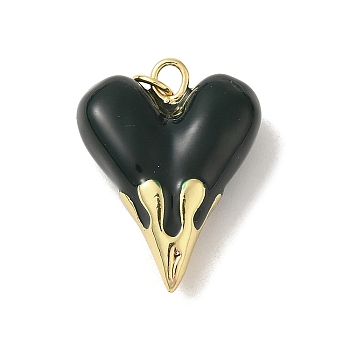 Rack Plating Brass Pendants, with Enamel, Long-Lasting, Lead Free & Cadmium Free, Real 18K Gold Plated, Heart Charm, Black, 24.5x19.5x8.5mm, Hole: 3mm