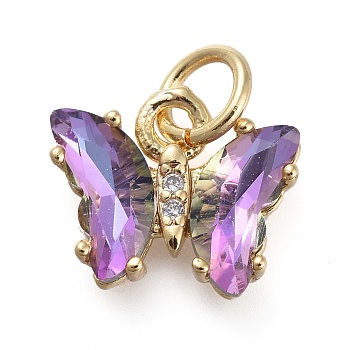 Brass Micro Pave Clear Cubic Zirconia Pendant, with Glass, Butterfly, Golden, Medium Purple, 11x9.5x3mm, Hole: 3.5mm