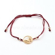 Adjustable Nylon Cord Braided Bead Bracelet, with 201 Stainless Steel Links and Brass Beads, Ring with Butterfly, Golden, Dark Red, Inner Diameter: 3-1/2 inch(9cm)(BJEW-JB05828-01)