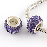 Polymer Clay Rhinestone European Large Hole Beads with Silver Color Plated Brass Cores, Rondelle, Violet, 11~12x7~7.5mm, Hole: 5mm(FPDL-R002-07)