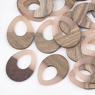 Resin & Walnut Wood Pendants, teardrop, Misty Rose, 37.5x28x3~3.5mm, Hole: 1.5mm(RESI-S358-05B)