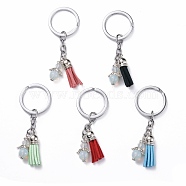 Alloy Keychain Findings, with Opalite Round Beads and Faux Suede Tassel Pendant, Angel, Mixed Color, 8.6~8.7cm(KEYC-JKC00275)