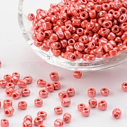 Glass Seed Beads, Opaque Colors Lustered, Round, Red, 4mm, Hole: 1.5mm, about 1000pcs/100g(X1-SEED-A012-4mm-125)