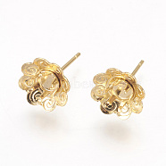 304 Stainless Steel Ear Stud Components, Flower, Golden, 16mm, Flower: 10.5~11x4.5mm, Tray: 4mm, Pin: 0.7mm(STAS-G187-19G)