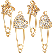 Beebeecraft 6Pcs 2 Styles Brass Micro Pave Cubic Zirconia Connector Charms, Safety Pin Shape Links with Star & Heart, Golden, 27~34x10~12x3.5~4mm, Hole: 1.2~1.5mm, 3pcs/style(KK-BBC0005-56)