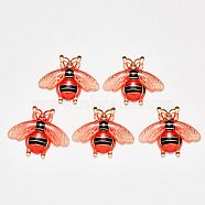 Transparent Acrylic Pendants, with Plated Bottom, Bees, Orange Red, 26.5x32.5x4mm, Hole: 1mm(TACR-R140-07F)