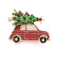 Colorful Christmas Tree with Car Enamel Pin with Rhinestone, Alloy Badge for Backpack Clothes, Golden, 27x34x10mm(JEWB-A004-13G)