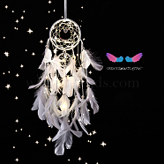 Indian Style Cotton Rope Woven Net/Web with Feather Pendant Decoration, with Colorful Beads and Shell, with Lamp, White, 60cm(HJEW-PW0001-029B-01)