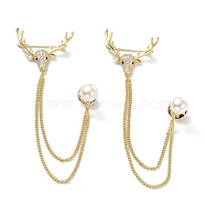 Deer & Round Acrylic Pearl with Tassel Chain Brooch Pin, Brass Cubic Zirconia Brooch for Clothing Accessories, Golden, 140mm(JEWB-K006-13G)