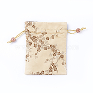 Silk Packing Pouches, Drawstring Bags, with Wood Beads, Bisque, 14.7~15x10.9~11.9cm(ABAG-L005-C02)