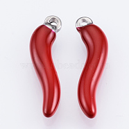 201 Stainless Steel Enamel Pendants, Enamelled Sequins, Horn of Plenty/Italian Horn Cornicello Charms, Stainless Steel Color, Red, 20x6x3mm, Hole: 1mm(STAS-Q231-01)