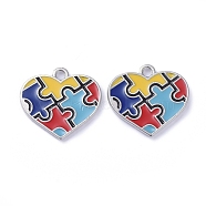 Alloy Enamel Pendants, Heart with Puzzle Autism Symbol, Colorful, Platinum, 19x20.5x2mm, Hole: 2mm(ENAM-G192-07P)