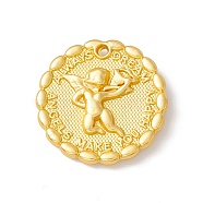 Alloy Pendents, Flat Round with Cupid/Cheru, Matte Gold Color, 16x3.5mm, Hole: 1mm(PALLOY-F282-02MG)