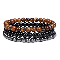 3Pcs 3 Style Natural Tiger Eye & Black Agate & Hematite Round Beaded Stretch Bracelets Set, Gemstone Stackable Bracelets for Woman, Wide: 6mm, 7-1/4~7-1/2 inch(18.5~19cm), 1Pc/style(PW23030762062)