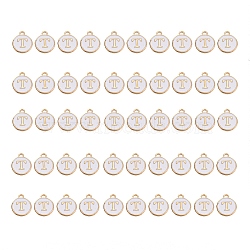 Golden Plated Alloy Charms, with Enamel, Enamelled Sequins, Flat Round, White, Letter.T, 14x12x2mm, Hole: 1.5mm, 50pcs/Box(ENAM-SZ0001-25A-T)