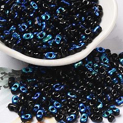 Electroplate Two Tone Glass Seed Beads, Metallic Colours Round Hole, Peanut, Blue Plated, 6~6.5x3~3.5x3~3.5mm, Hole: 1~1.2mm, about 4500pcs/pound.(SEED-F005-09A-04)