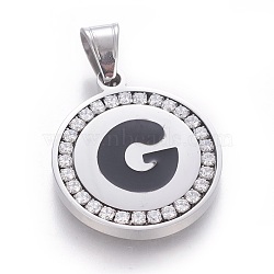 304 Stainless Steel Enamel Pendants, with Cubic Zirconia, Flat Round with Letter, Stainless Steel Color, Clear, Letter.G, 29x25x3mm, Hole: 5.5x8.5mm(STAS-E439-90G-P)