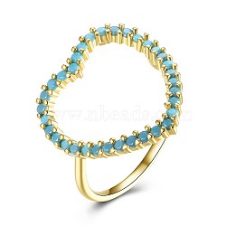 High Fashion Brass Finger Rings, with Synthetic Turquoise, Hollow Heart, Golden, US Size 9(18.9mm)(RJEW-BB21414-G-9)