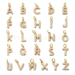 26Pcs Letter A~Z Rack Plating Brass Charms, with ABS Plastic Imitation Pearl, Long-Lasting Plated, Lead Free & Cadmium Free, Real 18K Gold Plated, 10.5~11.5x2.5~8.5x2.5~3mm, Hole: 3mm(KK-B092-30-G)