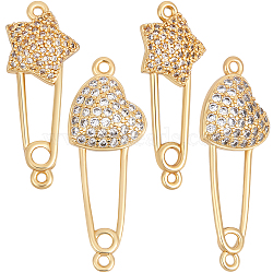 6Pcs 2 Styles Brass Micro Pave Cubic Zirconia Connector Charms, Safety Pin Shape Links with Star & Heart, Golden, 27~34x10~12x3.5~4mm, Hole: 1.2~1.5mm, 3pcs/style(KK-BBC0005-56)
