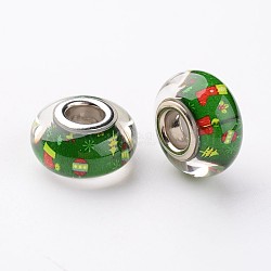 Large Hole Rondelle Resin European Beads, with Platinum Tone Brass Double Cores, Christmas, Green, 14x8mm, Hole: 5mm(RPDL-H003-07)