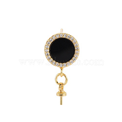 Brass Micro Pave Clear Cubic Zirconia Stud Earring Findings, for Half Drilled Bead, Nickel Free, with Enamel, Real 18K Gold Plated, Flat Round, Black, 20mm, Pin: 0.7mm, Pin: 0.7mm(for half drilled beads), Flat Round: 12x9.5mm(KK-N233-124-NF)