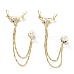 Deer & Round Acrylic Pearl with Tassel Chain Brooch Pin, Brass Cubic Zirconia Brooch for Clothing Accessories, Golden, 140mm(JEWB-K006-13G)