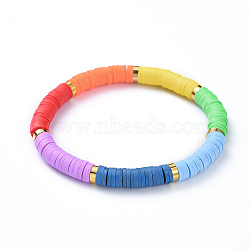 Chakra Jewelry, Handmade Polymer Clay Heishi Beads Stretch Bracelets, with Brass Spacer Beads, Mixed Color, 2-1/8 inch(5.4cm)(BJEW-JB04486)