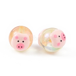 UV Plating Rainbow Iridescent Acrylic Enamel Beads, Hand Drawn Beads, Round with Pig Pattern, Gold, 16x18mm, Hole: 3mm(OACR-I003-14A)