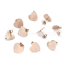 Ion Plating(IP) 304 Stainless Steel Stud Earring Findings, with Ear Nuts, Textured Heart, Rose Gold, 12x13mm, Hole: 1.5mm, Pin: 0.7mm(STAS-I183-08B-RG)
