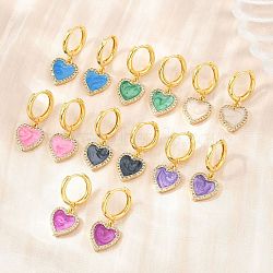 Brass Micro Pave Cubic Zirconia Hoop Dangle Earrings, Heart, with Enamel, Lead Free & Cadmium Free, Rack Plating, Long-Lasting Plated, Real 18K Gold Plated, Mixed Color, 28x12mm(KK-CBA8324-16G)