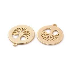 Brass Pendants, Flat Round with Tree, Real 18K Gold Plated, 18x16x1mm, Hole: 1mm(X-KK-S350-192)