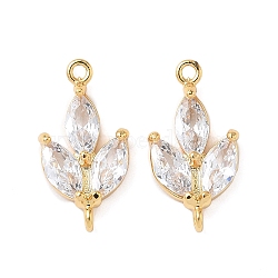 Brass Pave Clear Cubic Zirconia Leaf Links Connector Charms, Nickel Free, Real 18K Gold Plated, 18x9.5x3mm, Hole: 1.2mm(KK-D024-08G)