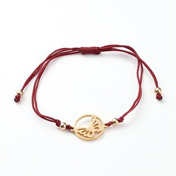 Adjustable Nylon Cord Braided Bead Bracelet, with 201 Stainless Steel Links and Brass Beads, Ring with Butterfly, Golden, Dark Red, Inner Diameter: 3-1/2 inch(9cm)